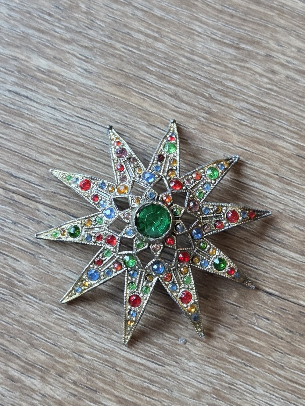Vintage Filigree Silver Plated Star Brooch Pin Pendent, Multicolor Rhinestones